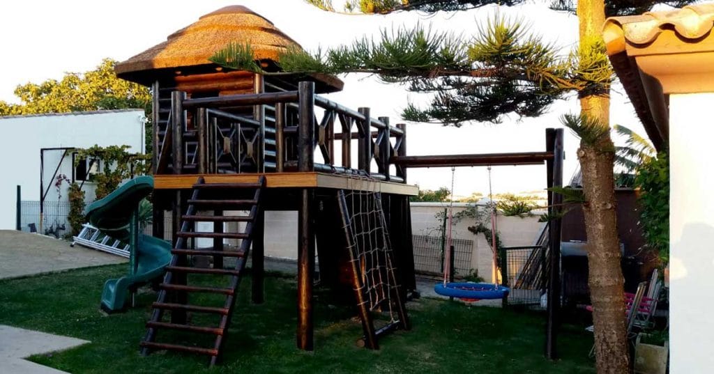 Eco-friendly playstructure with slide, climbing net and swing