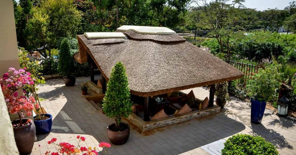 Thatched gazebo with gable entrance
