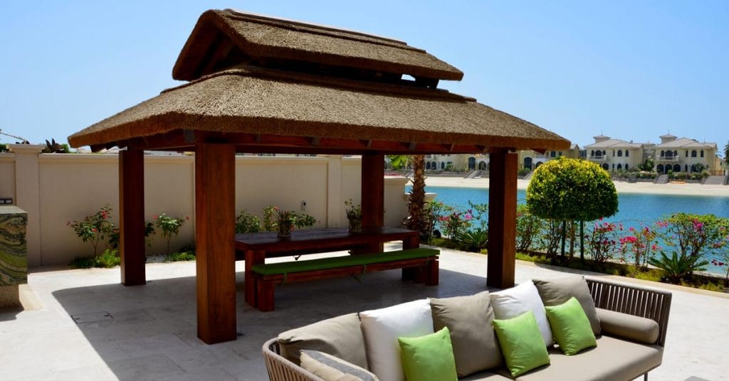 Thatch on square timber gazebo on the Palm Jumeirah