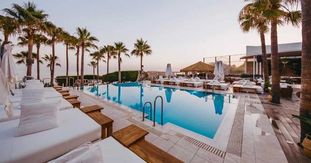 Cape Reed project Nikki Beach synthetic thatch bar and daybeds