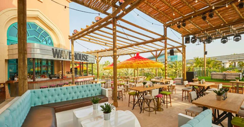 Wavehouse timber pergolas over terrace and DJ platform