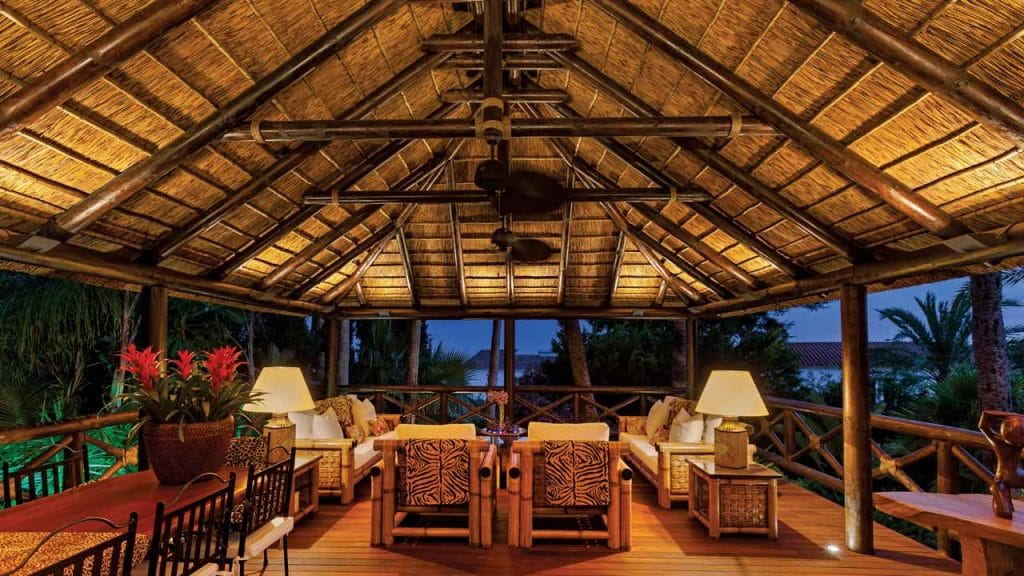 Elevated thatched gazebo interior