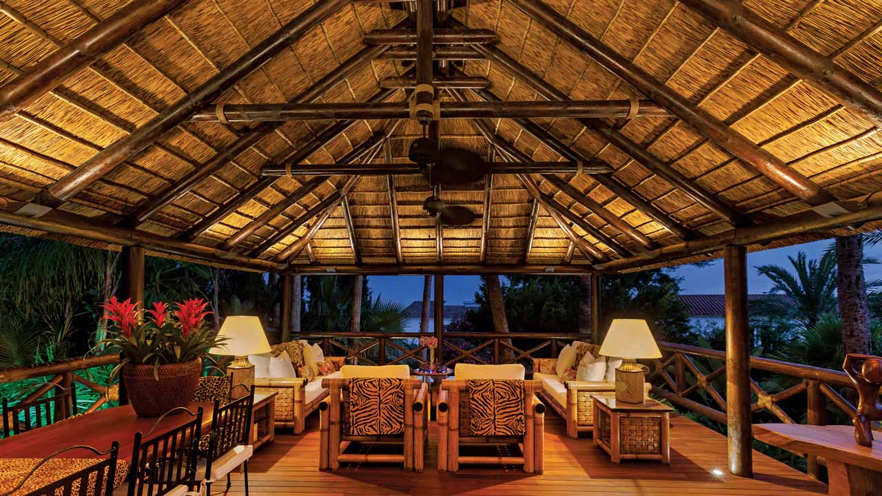 Elevated thatched gazebo interior