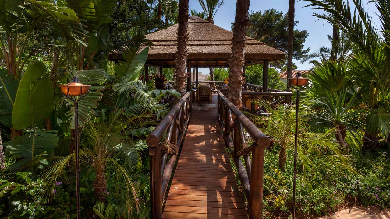 Elevated thatched gazebo with timber walkway decking and balustrades