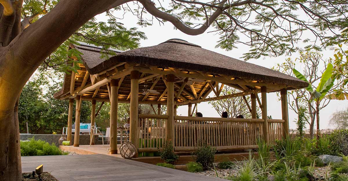 A picturesque Cape Reed thatched gazebo with timber decking, set amidst natural surroundings.