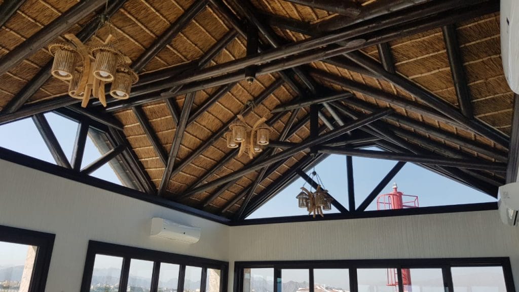 Thatch roof with glass panels and windows