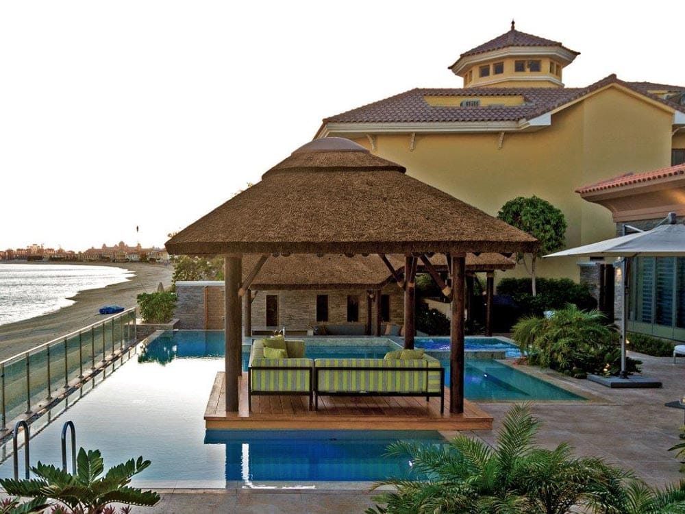 Stunning thatched roof pool cabana on the Palm Jumeirah.