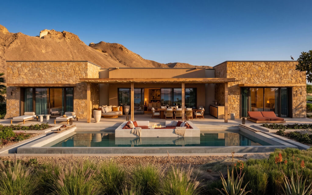 Timber pergola shading a private pool terrace at Six Senses AMAALA, Saudi Arabia
