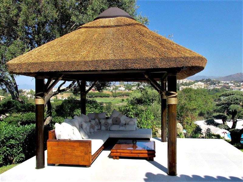 Katsura collaboration design view from thatched gazebo in zen garden landscape