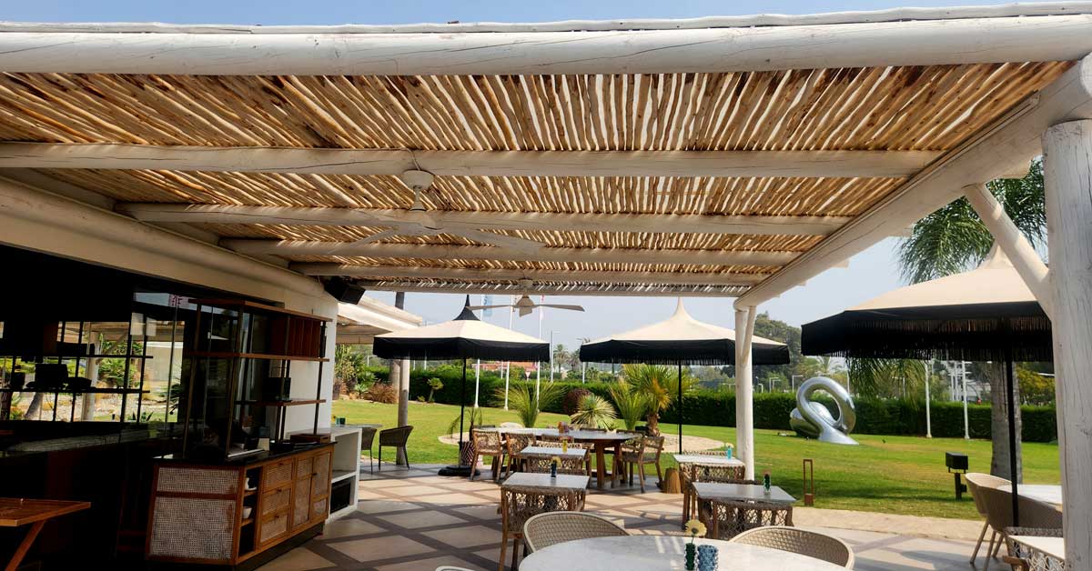 Cape Reed timber pergola at Boho Club, Marbella